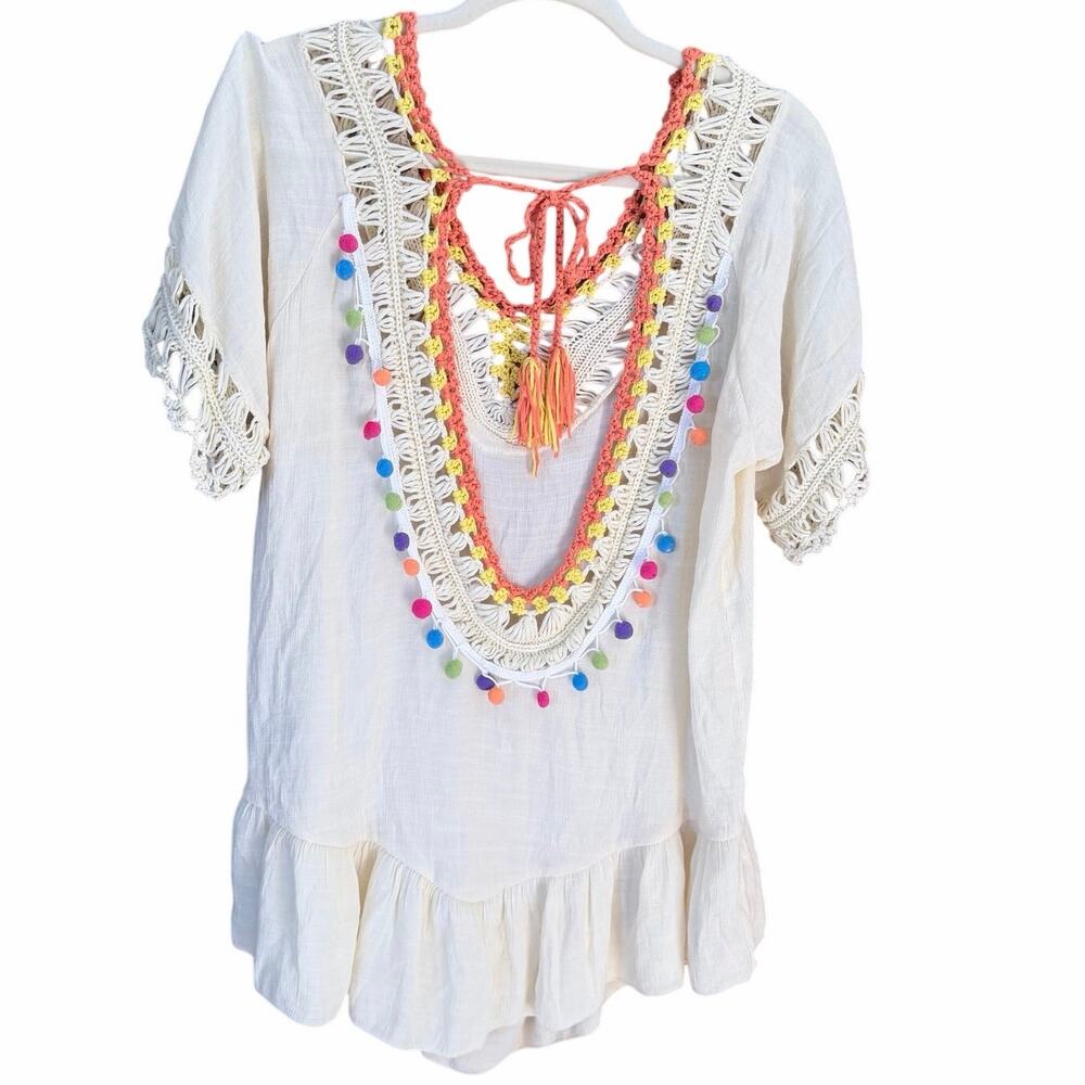 Cream boho whimsical blouse flutter sleeves open back colorful fringe back small